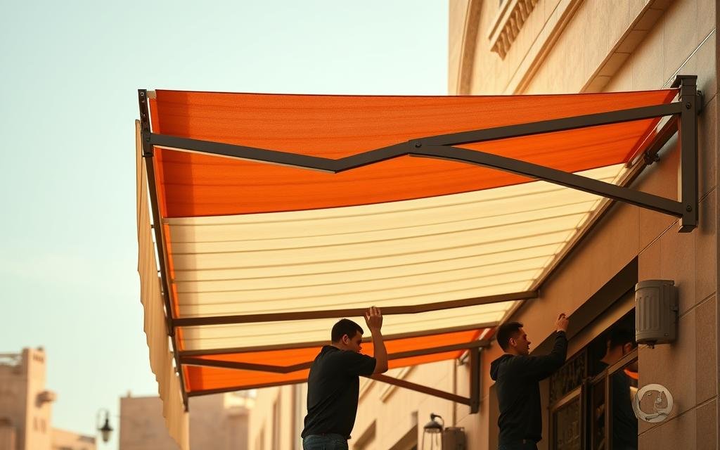 تركيب مظلة وساتر في فناء أمامي لمنزل في المدينة المنورة